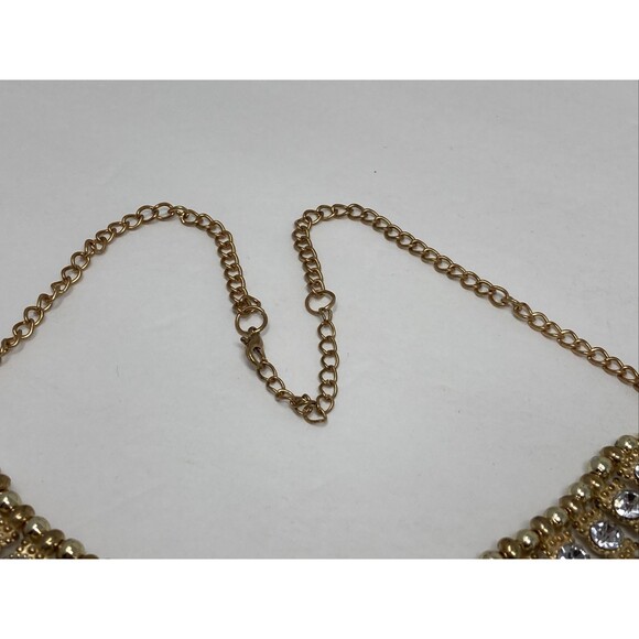 Necklace Gold Tone Clear Crystal White Veined Beads Claw-ish Shape Bib - Picture 6 of 12